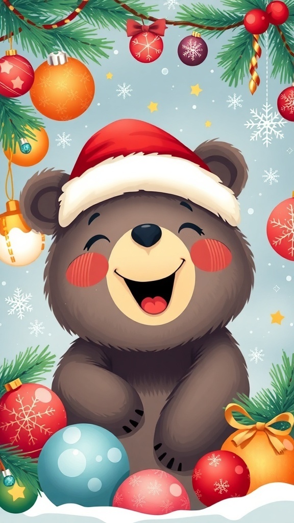 Cute Christmas bear in Santa hat with ornaments and snowflakes.